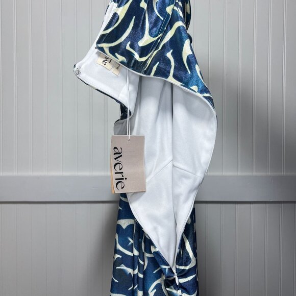 Averie NWT Thea Off Shoulder Blue Abstract Print Cap Sleeve V-Neck Sheath Dress - Picture 13 of 15
